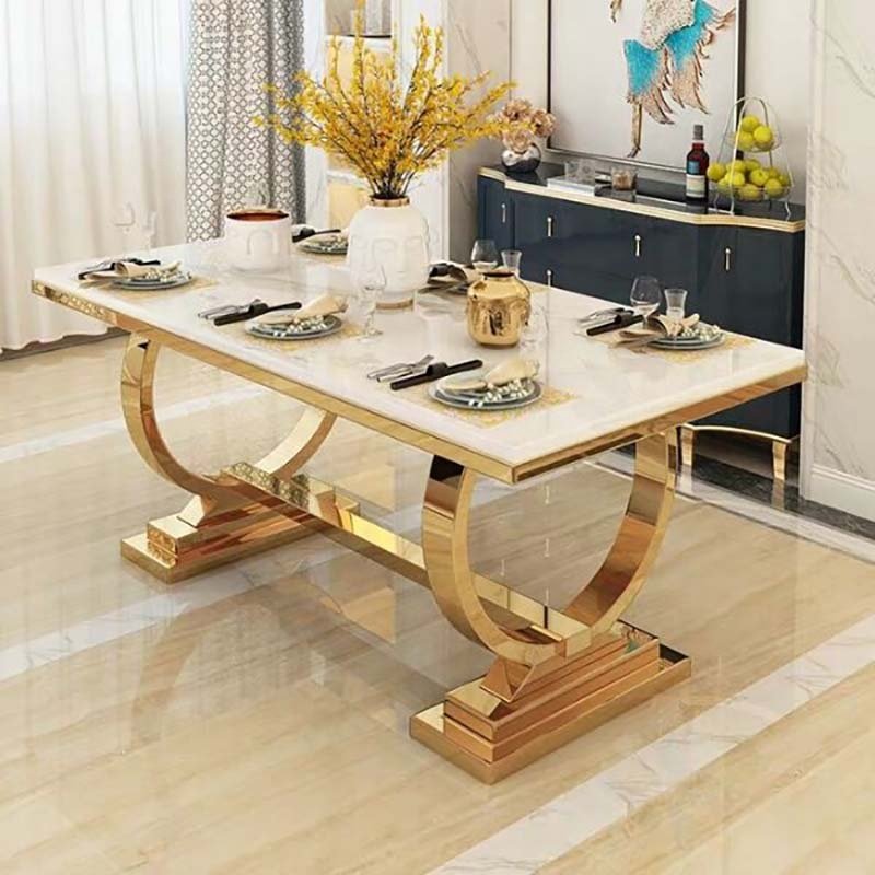 dining table sets luxury marble top rose gold stainless steel rectangle pedestal table with 6 chairs dining room set furniture