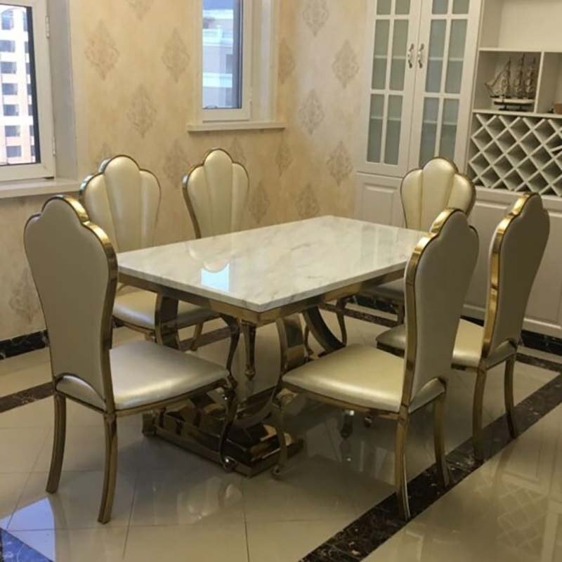 dining table sets luxury marble top rose gold stainless steel rectangle pedestal table with 6 chairs dining room set furniture