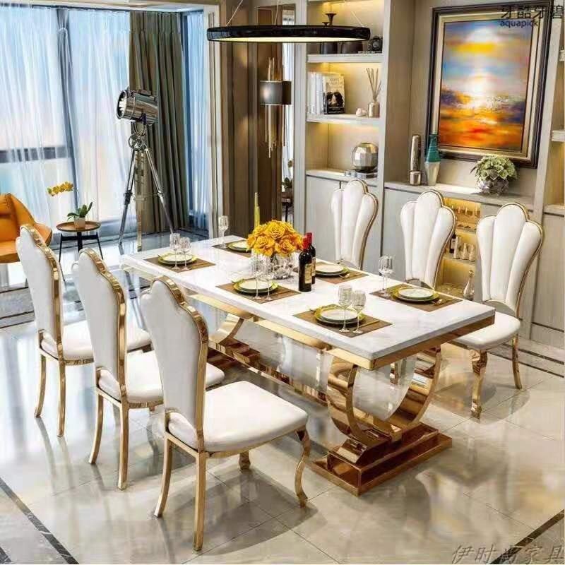 dining table sets luxury marble top rose gold stainless steel rectangle pedestal table with 6 chairs dining room set furniture