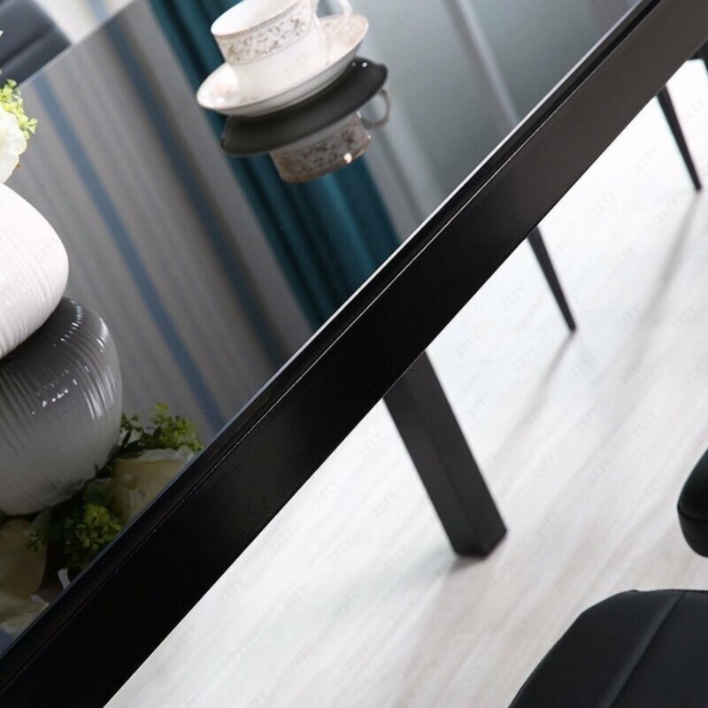 7 Piece Black Glass Dining Table Set With 6 Faux Leather Chair for Kitchen Dining Room