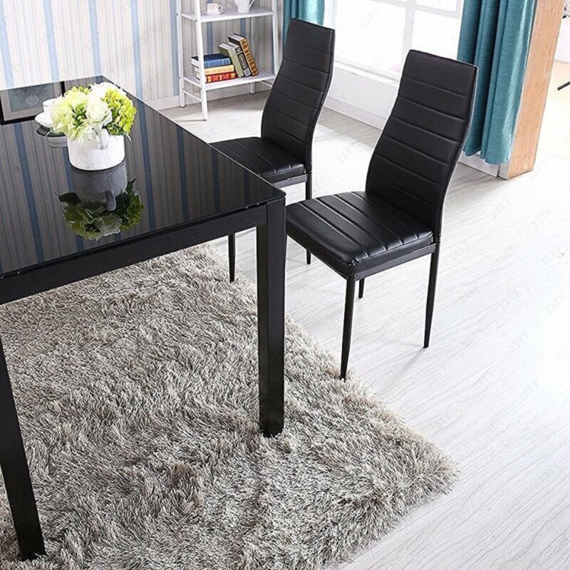 7 Piece Black Glass Dining Table Set With 6 Faux Leather Chair for Kitchen Dining Room