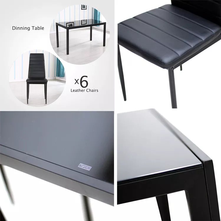 7 Piece Black Glass Dining Table Set With 6 Faux Leather Chair for Kitchen Dining Room