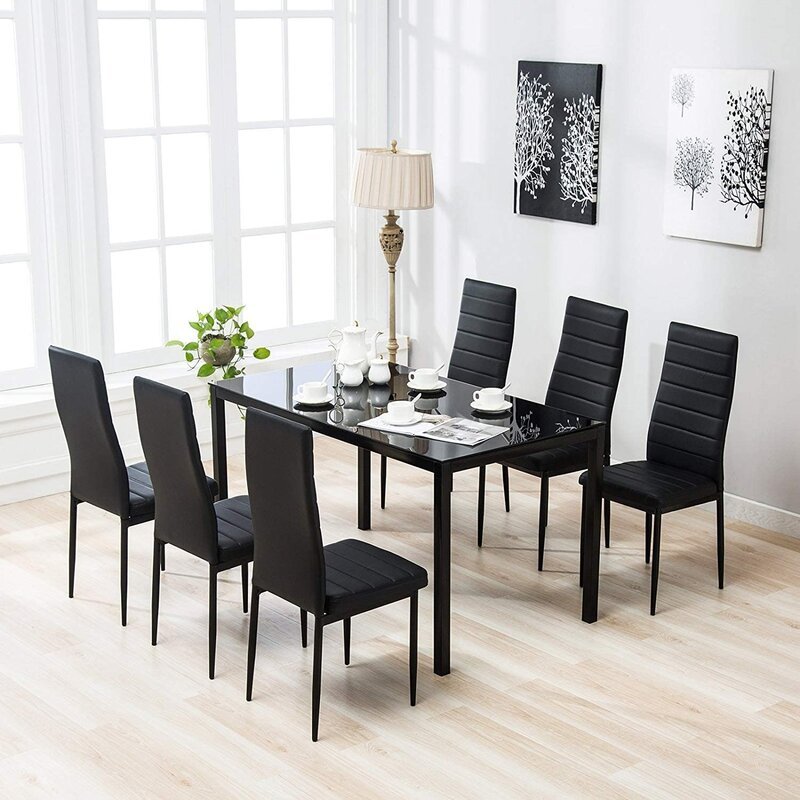 7 Piece Black Glass Dining Table Set With 6 Faux Leather Chair for Kitchen Dining Room