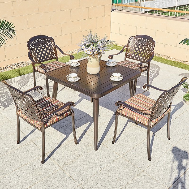 French Style Cafe Table Chairs Modern Hotel Outdoor Patio Cast Aluminum Party square Dining Table Set 4 Seater