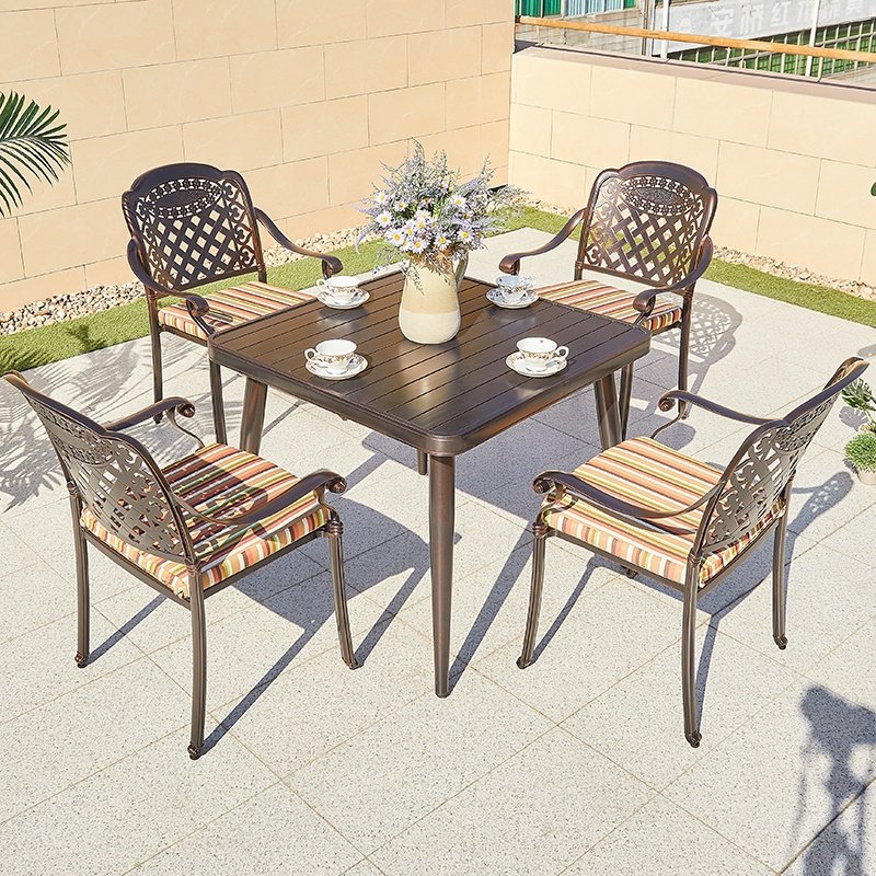 French Style Cafe Table Chairs Modern Hotel Outdoor Patio Cast Aluminum Party square Dining Table Set 4 Seater