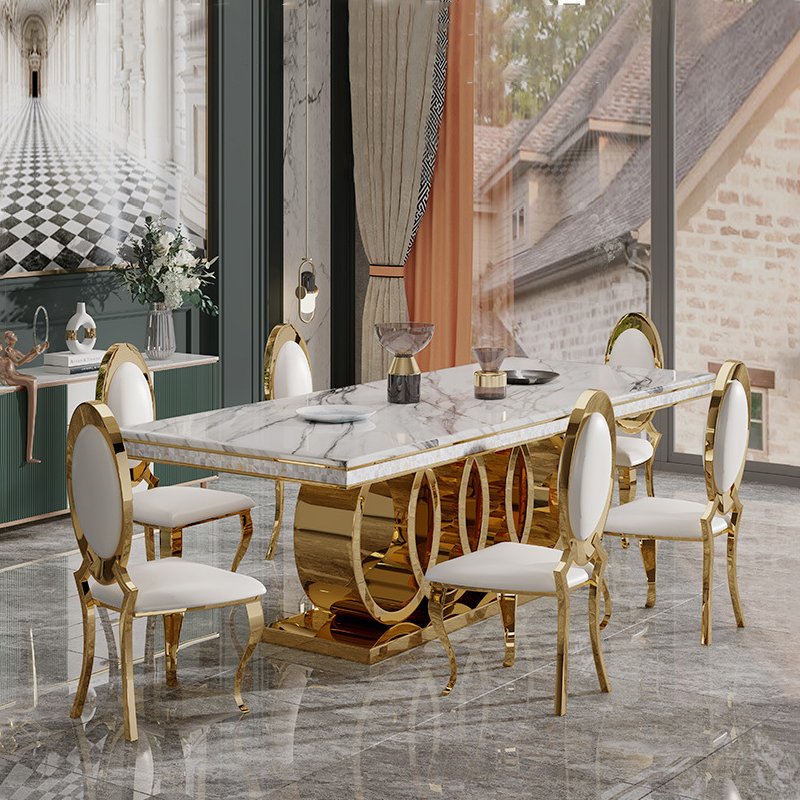 Modern Luxury Rectangular Gold Dinning Table Set 6 Seater 4 Chairs Metal Dining Room Furniture Marble Top Dining Table Set