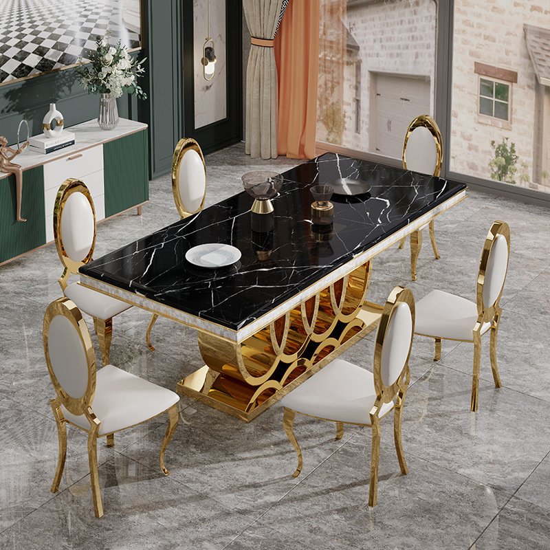 Modern Luxury Rectangular Gold Dinning Table Set 6 Seater 4 Chairs Metal Dining Room Furniture Marble Top Dining Table Set