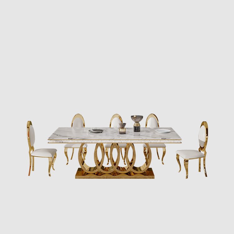 Modern Luxury Rectangular Gold Dinning Table Set 6 Seater 4 Chairs Metal Dining Room Furniture Marble Top Dining Table Set