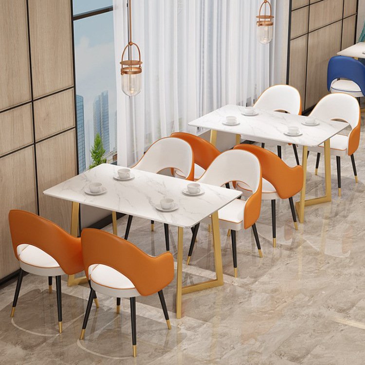 White high glossy marble top simple gold legs Rectangle dining table set 4 6 seater