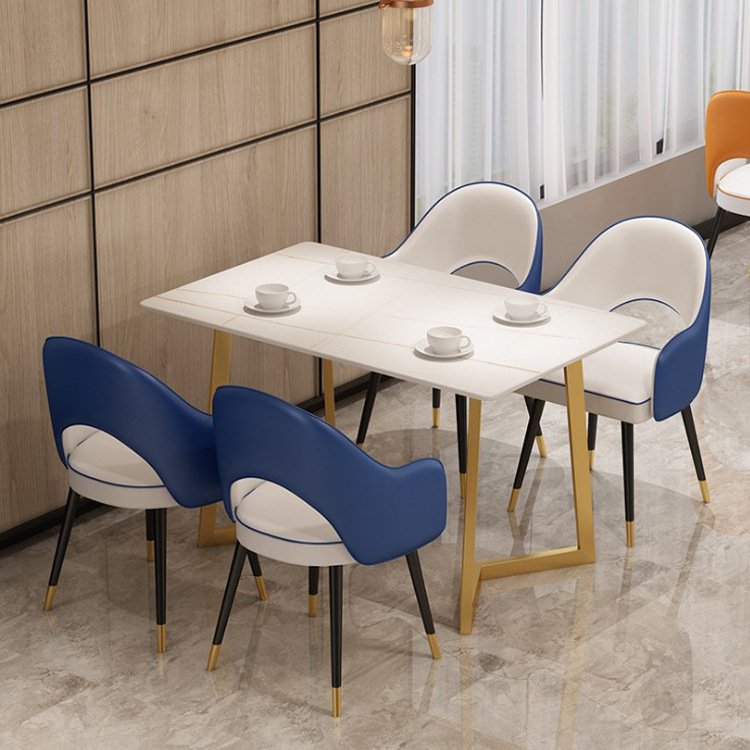 White high glossy marble top simple gold legs Rectangle dining table set 4 6 seater
