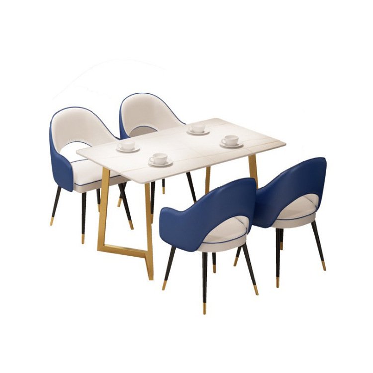White high glossy marble top simple gold legs Rectangle dining table set 4 6 seater