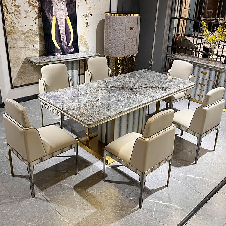 Fashionable Elegant Stable Base Dining Room Furniture Marble Dining Table With 6 Chair Stainless Steel Rectangle Dining table