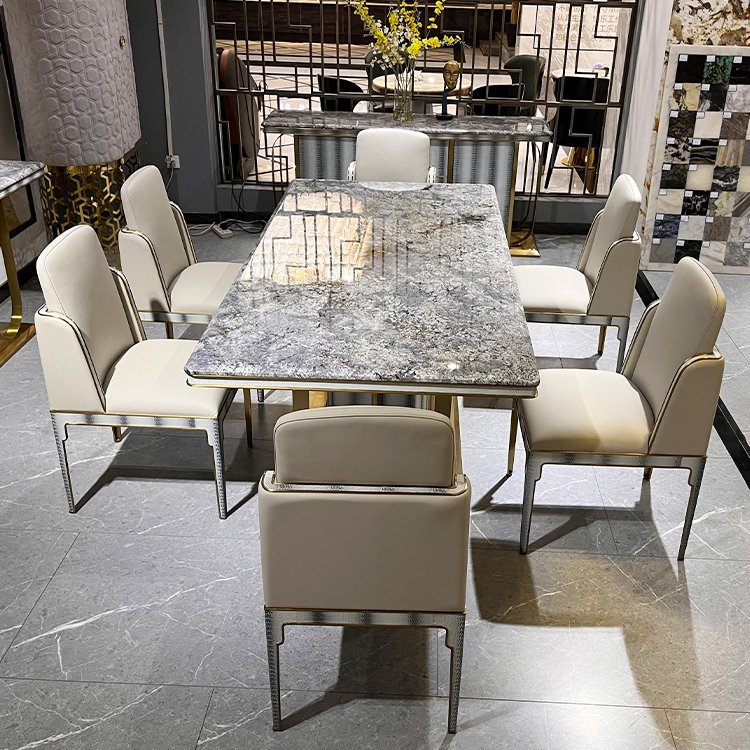 Fashionable Elegant Stable Base Dining Room Furniture Marble Dining Table With 6 Chair Stainless Steel Rectangle Dining table