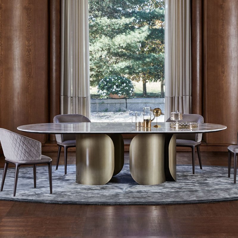 Customisable Italian light luxury stainless steel rock plate table oval marble dining table living room dining table