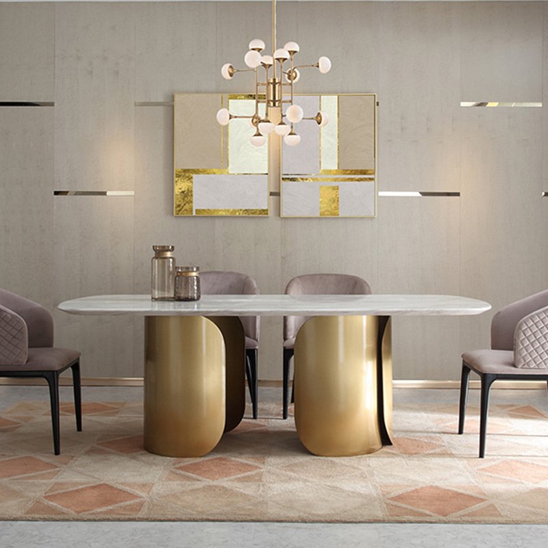 Customisable Italian light luxury stainless steel rock plate table oval marble dining table living room dining table