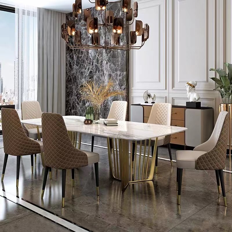Luxury dining table set modern gold stainless steel leg organic natural marble top dinner table for 8 to 12 seater