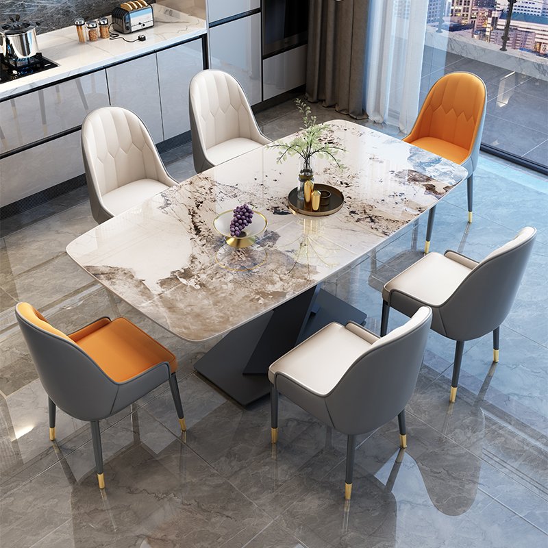 Light luxury rock plate dining table and chair combination of modern simple small rectangular home X feet dining table