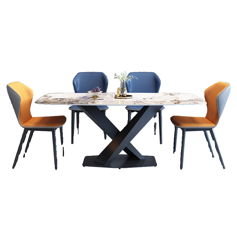 Light luxury rock plate dining table and chair combination of modern simple small rectangular home X feet dining table