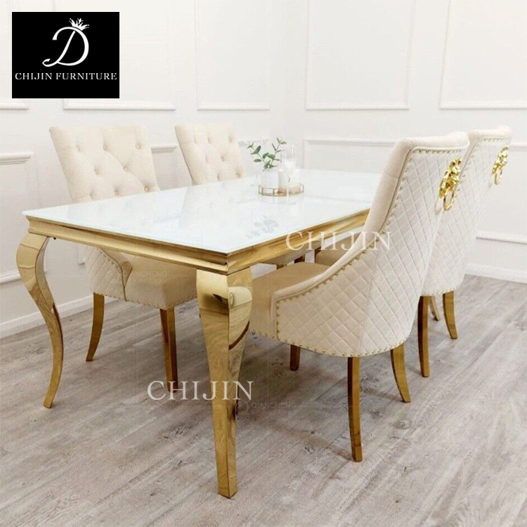 Modern Luxury Kitchen Hotel Dining Table Set Stainless Steel Marble Glass Long Dining Table Furniture