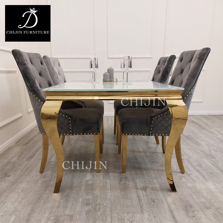 Modern Luxury Kitchen Hotel Dining Table Set Stainless Steel Marble Glass Long Dining Table Furniture