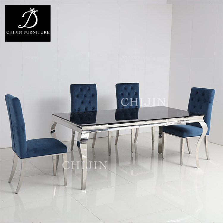 Modern Luxury Kitchen Hotel Dining Table Set Stainless Steel Marble Glass Long Dining Table Furniture