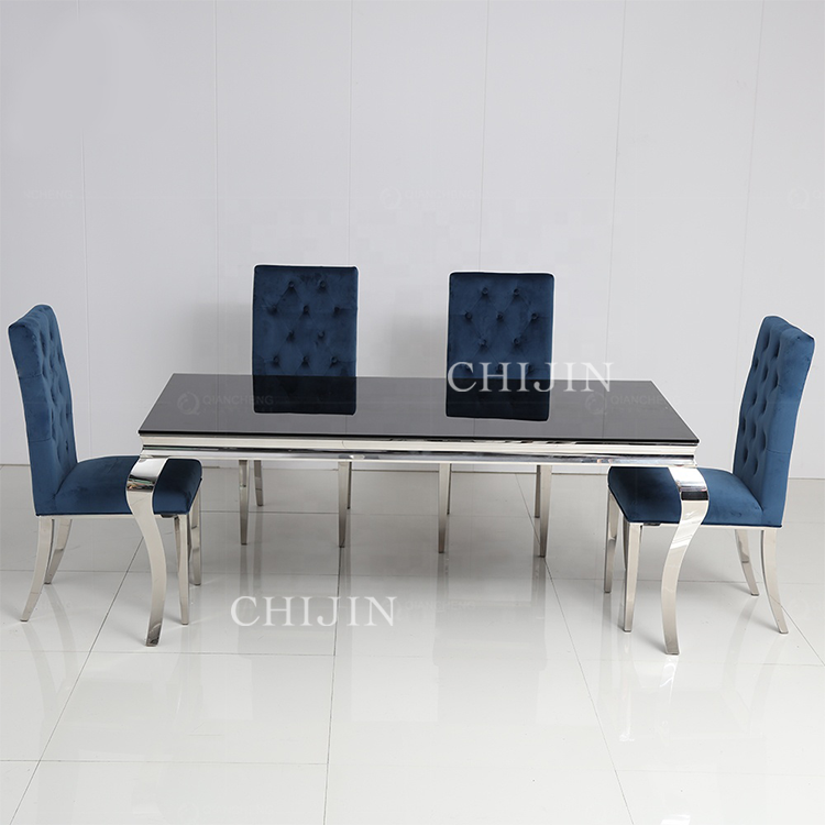 Modern Luxury Kitchen Hotel Dining Table Set Stainless Steel Marble Glass Long Dining Table Furniture