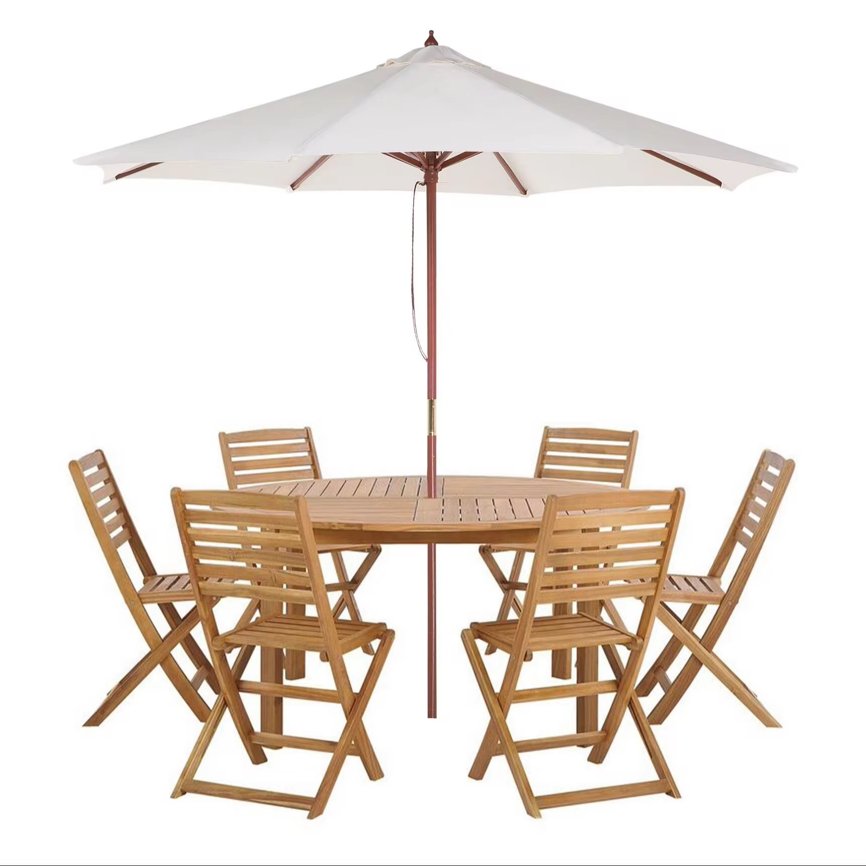 Ariel teak solid wood 6 outdoor dining set with umbrella in natural finish for outdoor dining use
