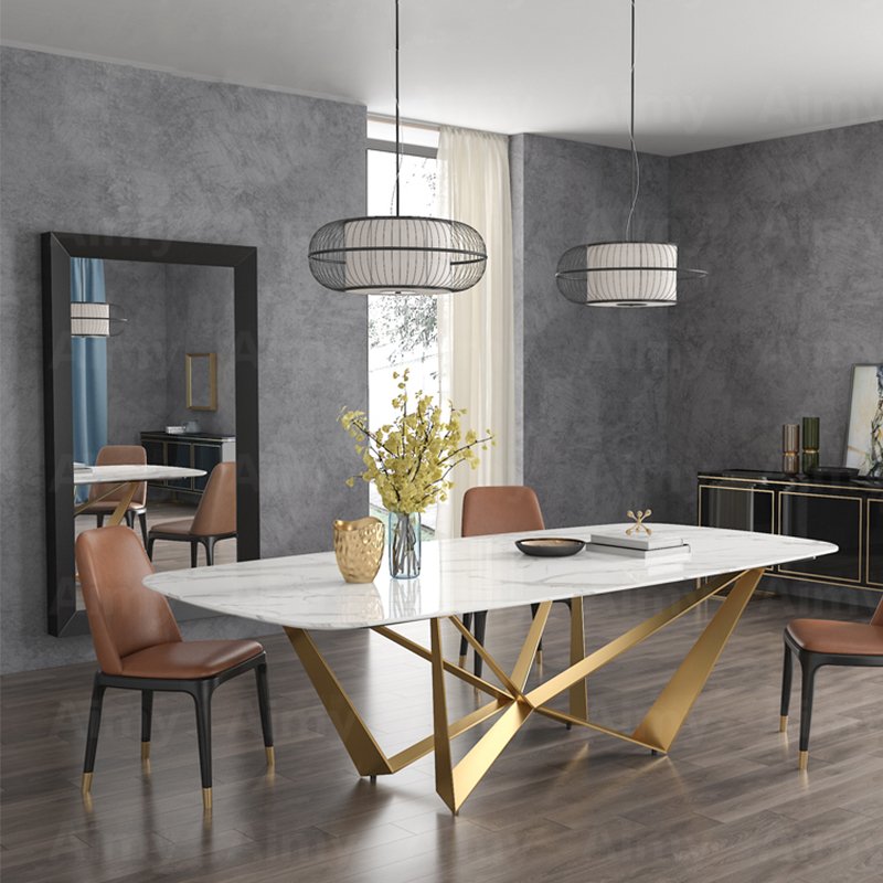 luxury dining room table and chairs set with golden leg Marble top dining tables