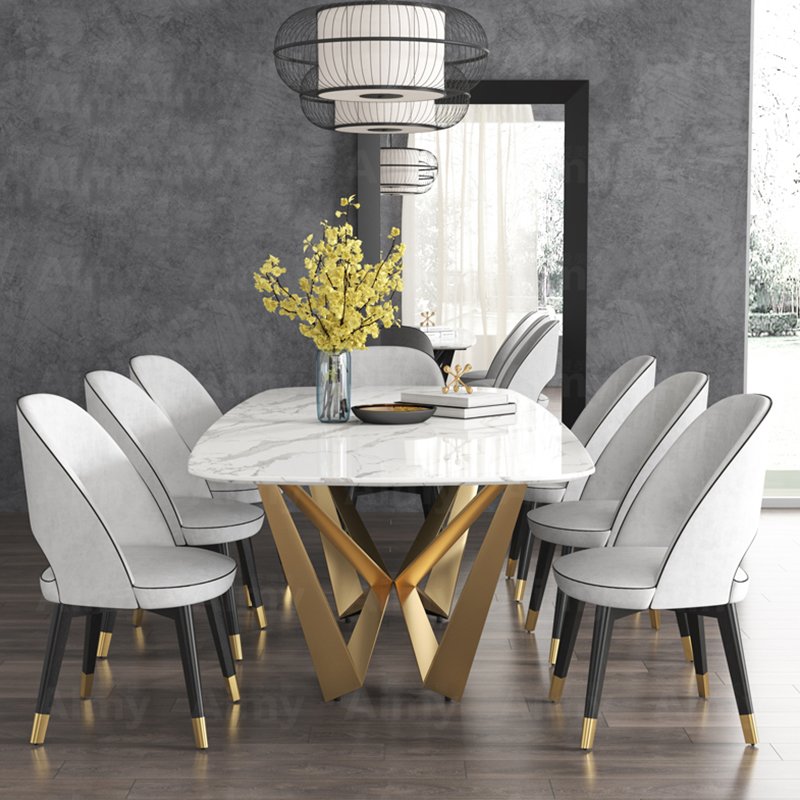 luxury dining room table and chairs set with golden leg Marble top dining tables