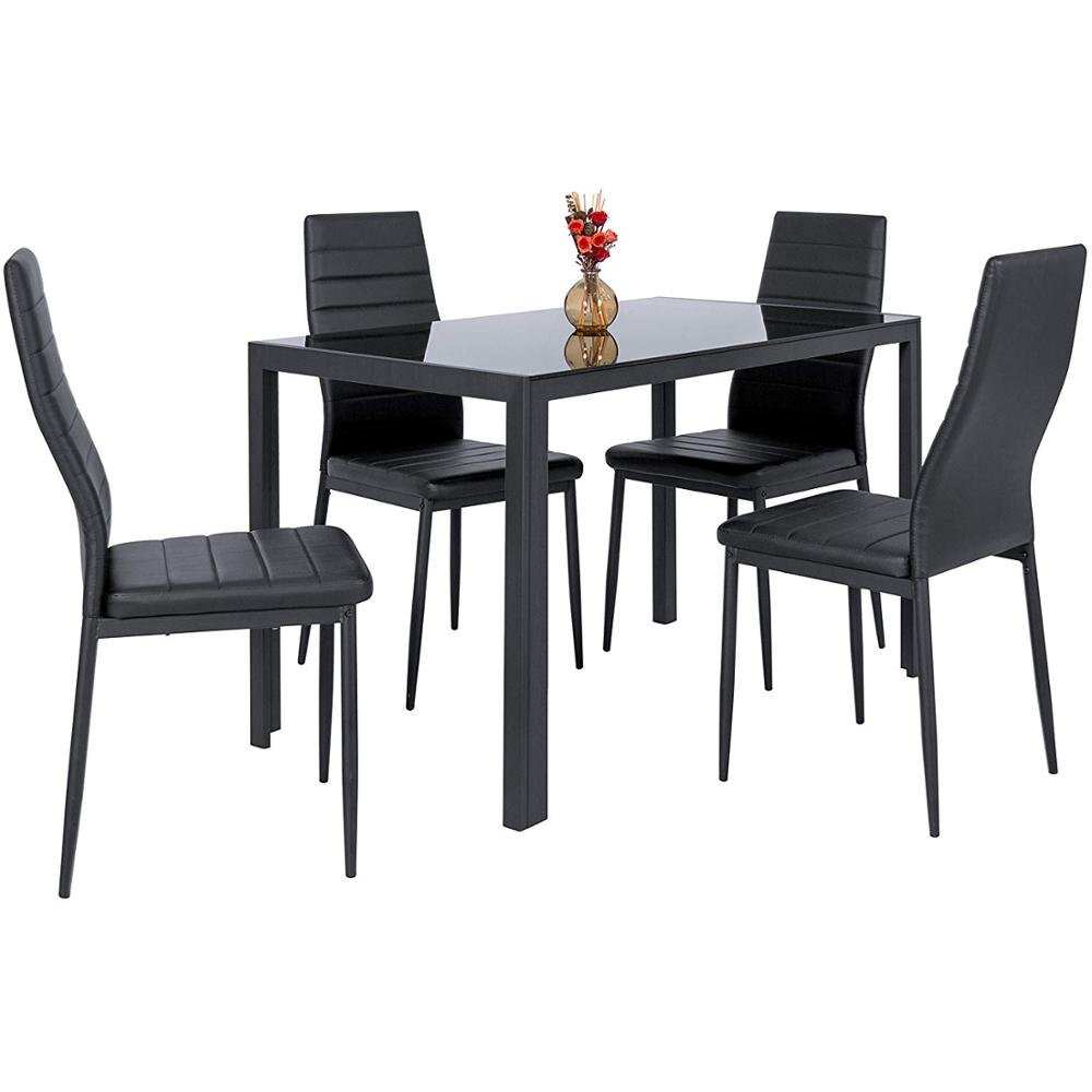 Modern Rectangle Black Tempered Glass Dining Table and Chairs Set with Powder-Coated Steel Black Frame Legs
