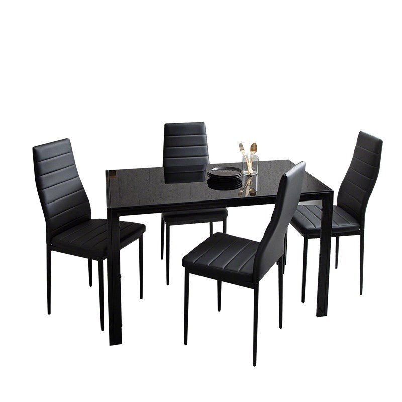 Modern Rectangle Black Tempered Glass Dining Table and Chairs Set with Powder-Coated Steel Black Frame Legs