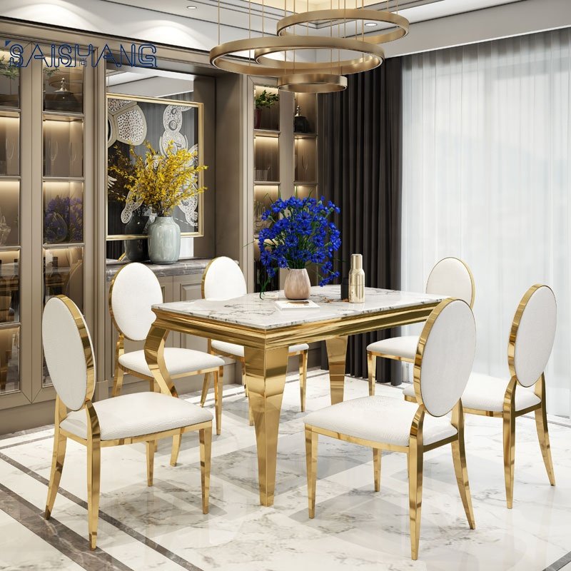 Foshan factory Dining table 8 chairs metal gold marble top square table dining room furniture