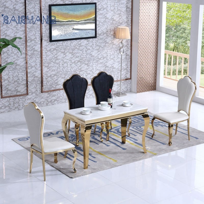 Foshan factory Dining table 8 chairs metal gold marble top square table dining room furniture