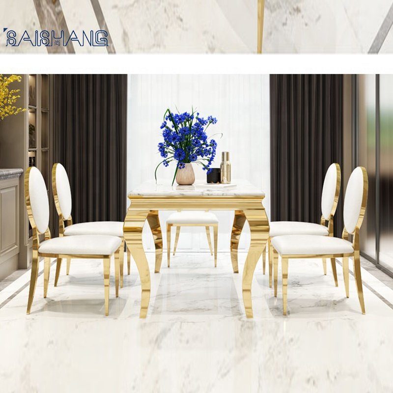 Foshan factory Dining table 8 chairs metal gold marble top square table dining room furniture