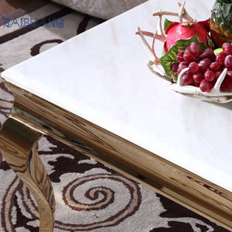 Foshan factory Dining table 8 chairs metal gold marble top square table dining room furniture