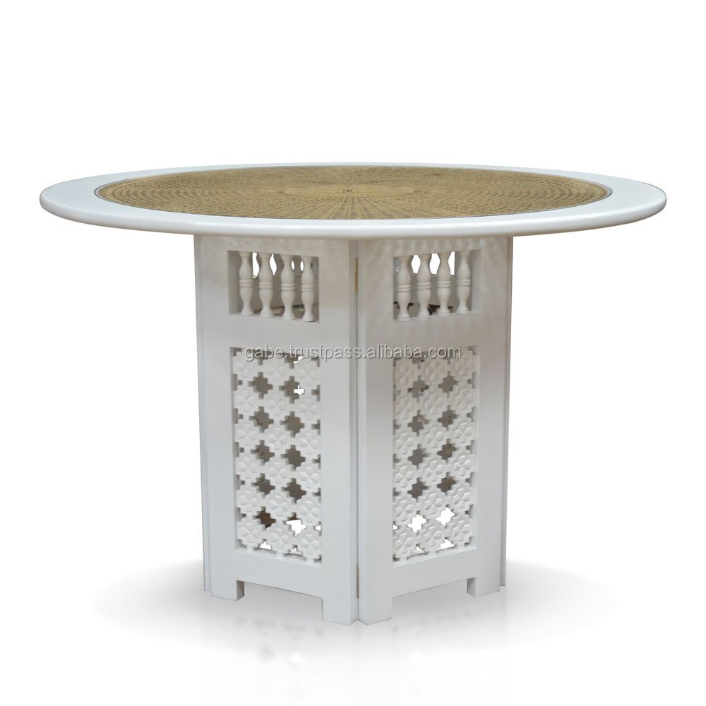 Moroccan Splendor Handcrafted Dining Table: Solid Mahogany with Rattan Webbing and Glass Top, 120cm Diameter