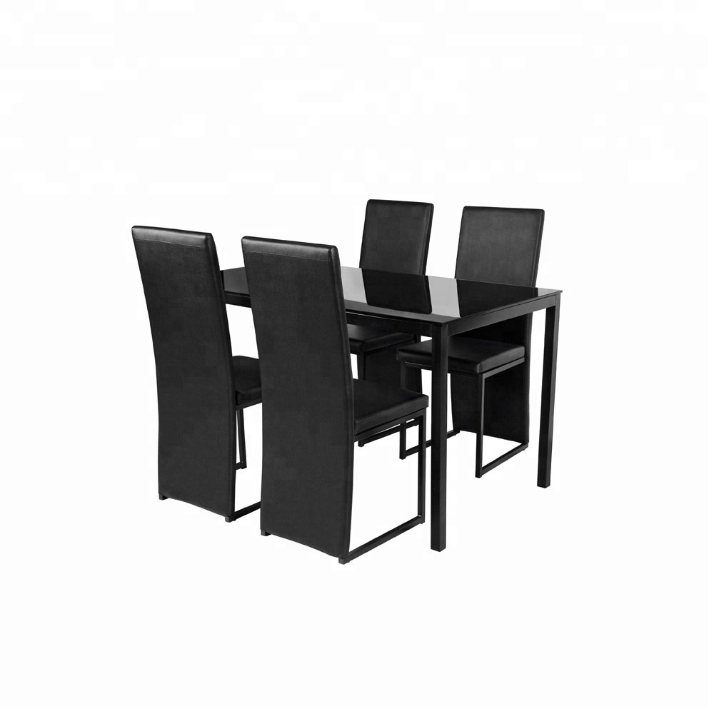China high quality dining room furniture with glass top black sponge seat metal dining table set