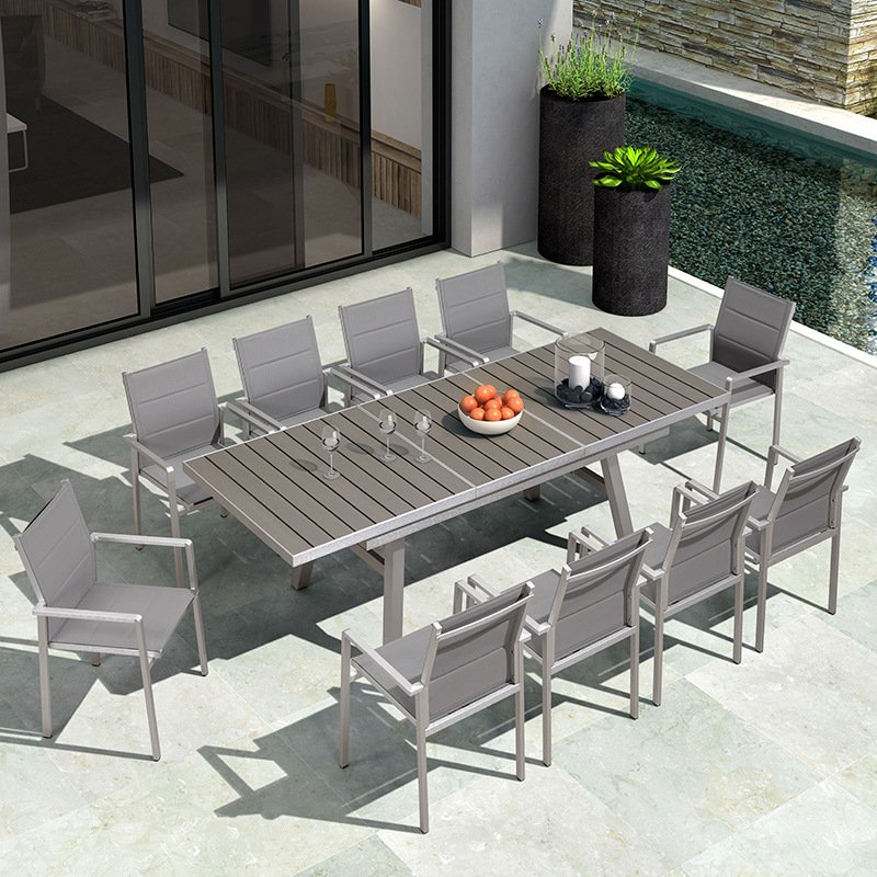 Factory Direct Sale Outdoor Furniture Brushed Aluminum WPC wooden 10 Seater Extensable Dining Table And Dining Chair Garden Set