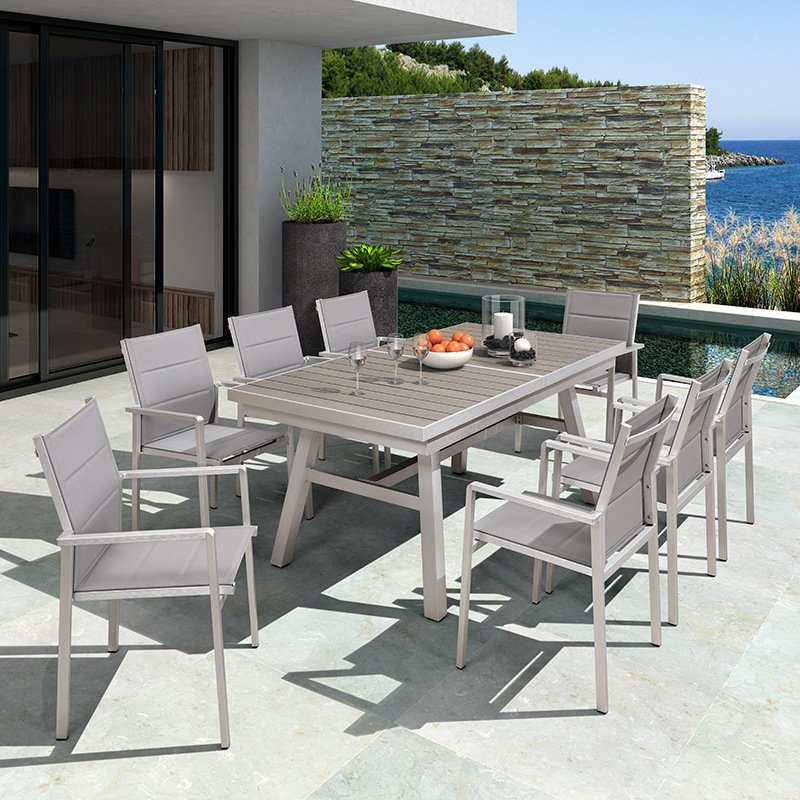 Factory Direct Sale Outdoor Furniture Brushed Aluminum WPC wooden 10 Seater Extensable Dining Table And Dining Chair Garden Set