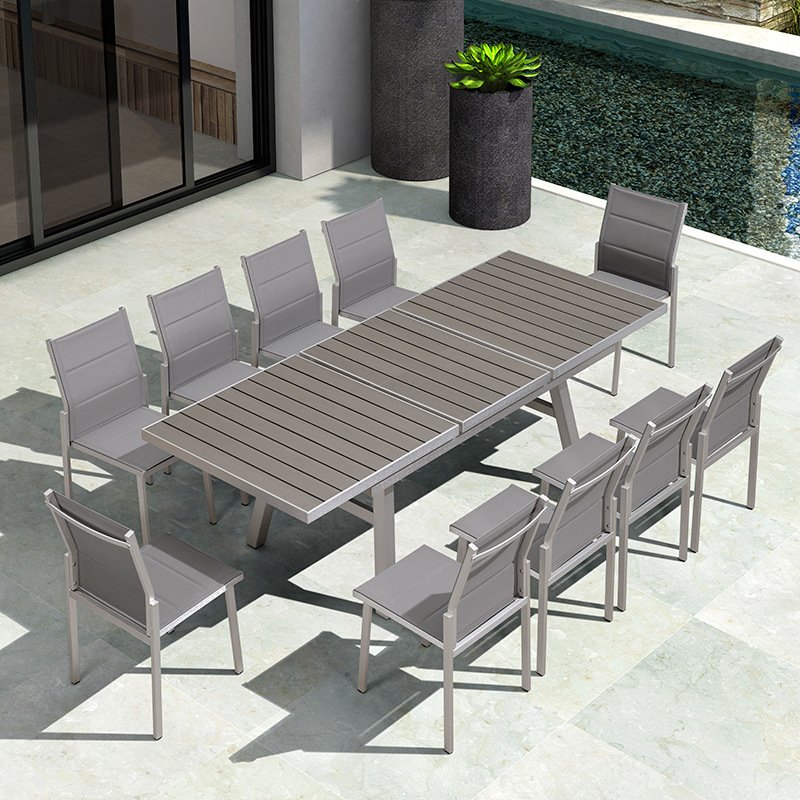 Factory Direct Sale Outdoor Furniture Brushed Aluminum WPC wooden 10 Seater Extensable Dining Table And Dining Chair Garden Set