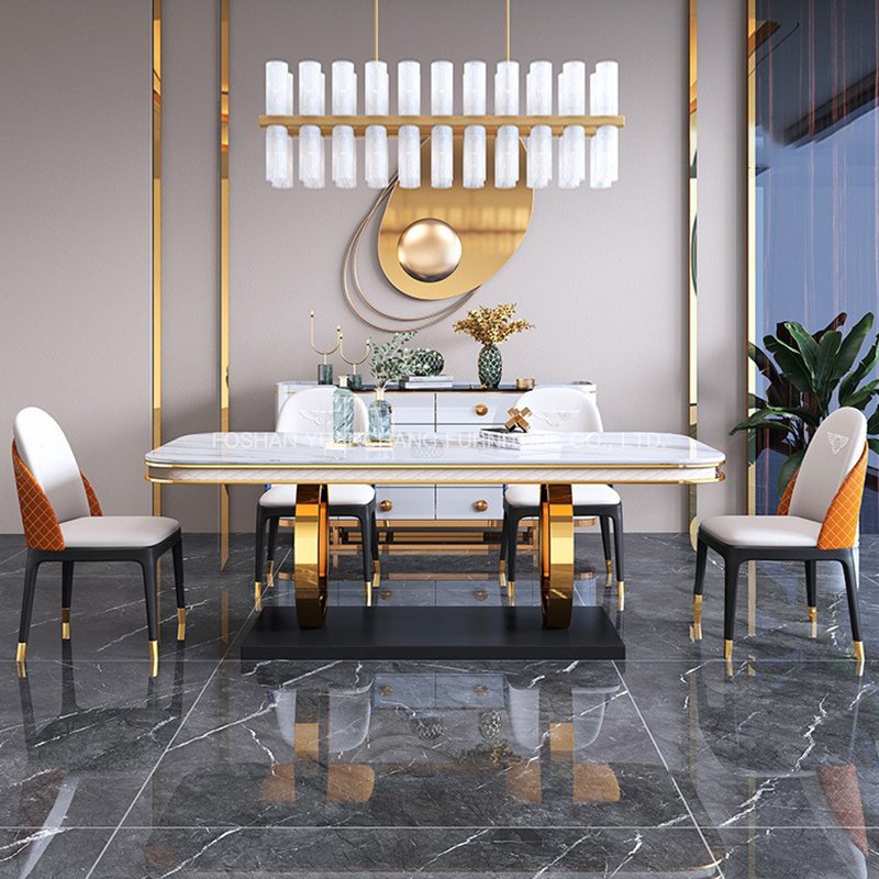 YuanChang dining room furniture black marble dining table modern luxury golden stainless steel dining table for 6 chair