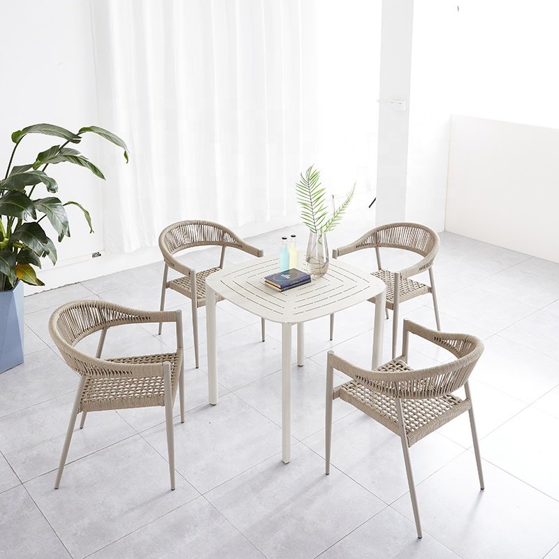 Luxury White Garden Porch Table 4 Chairs Home Furniture Outdoor Patio Cafe 5 Piece Rope Aluminum Dining Sets on Sale