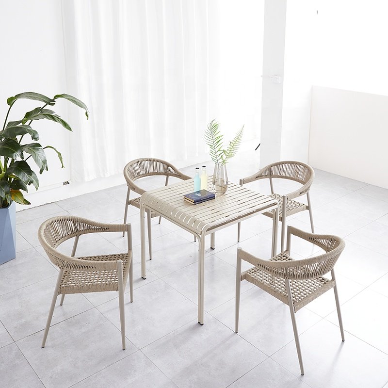 Luxury White Garden Porch Table 4 Chairs Home Furniture Outdoor Patio Cafe 5 Piece Rope Aluminum Dining Sets on Sale