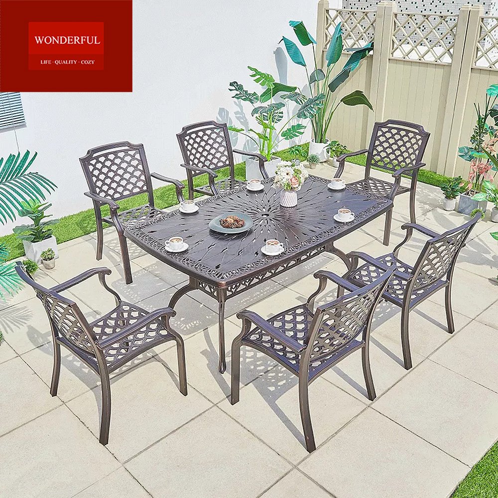 High quality sea beach dining set furniture outdoor garden cast aluminum dining table with chair