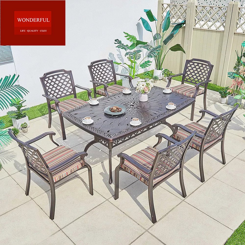High quality sea beach dining set furniture outdoor garden cast aluminum dining table with chair