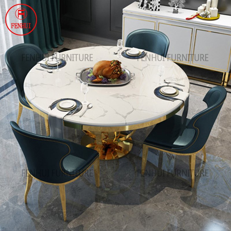 Top grade stainless steel gold base circular antique dining table with 4 chairs
