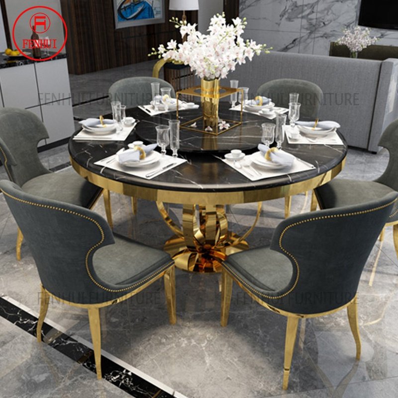 Top grade stainless steel gold base circular antique dining table with 4 chairs