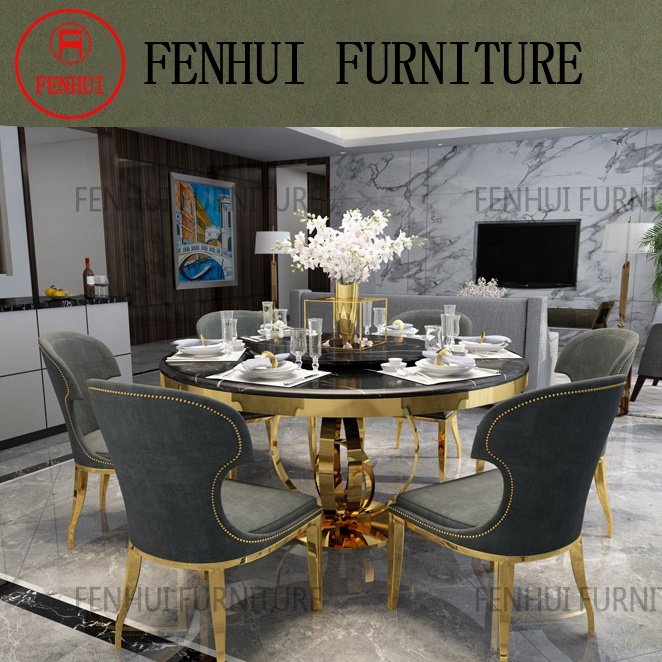 Top grade stainless steel gold base circular antique dining table with 4 chairs