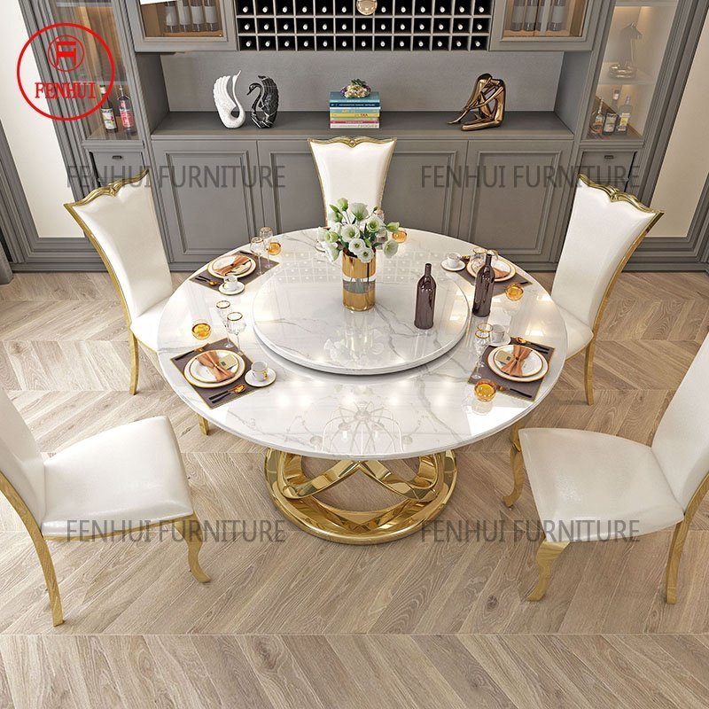 Top grade stainless steel gold base circular antique dining table with 4 chairs