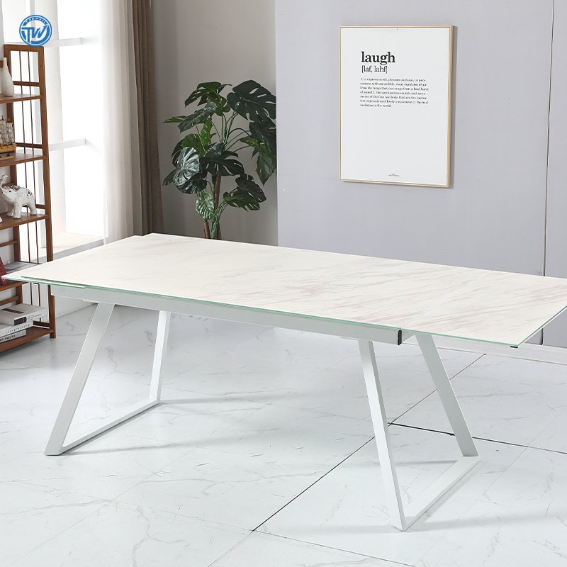 DT-2362 TOPWELL modern dining table extendable table with Tempered enamelled glass and metal legs